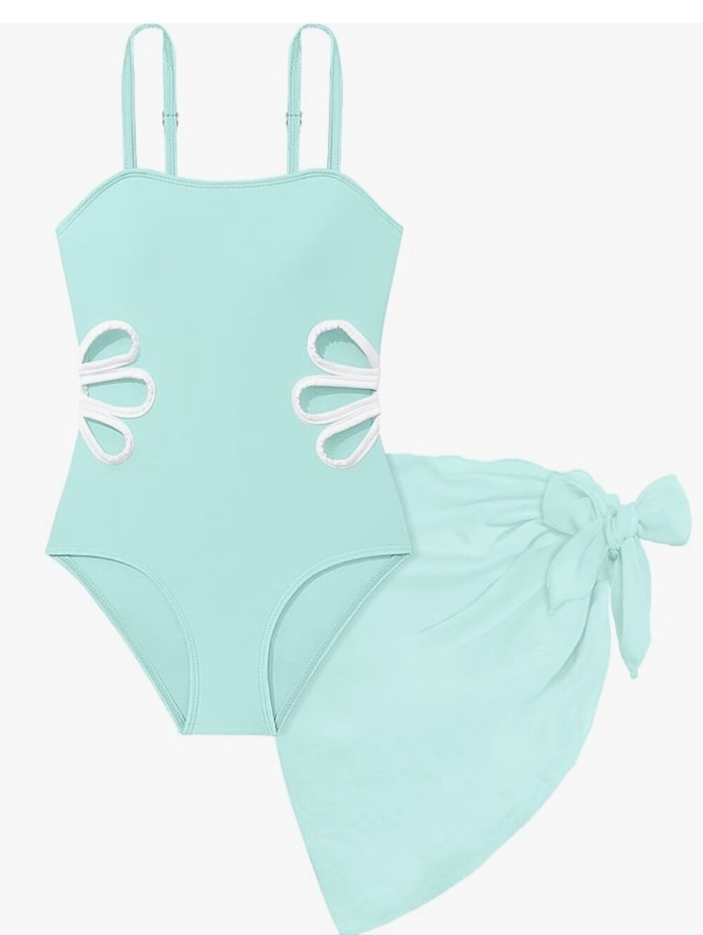 Aqua Cutout One-Piece Swimsuit with Sarong Girls Size 7/8 Bathing Suit
